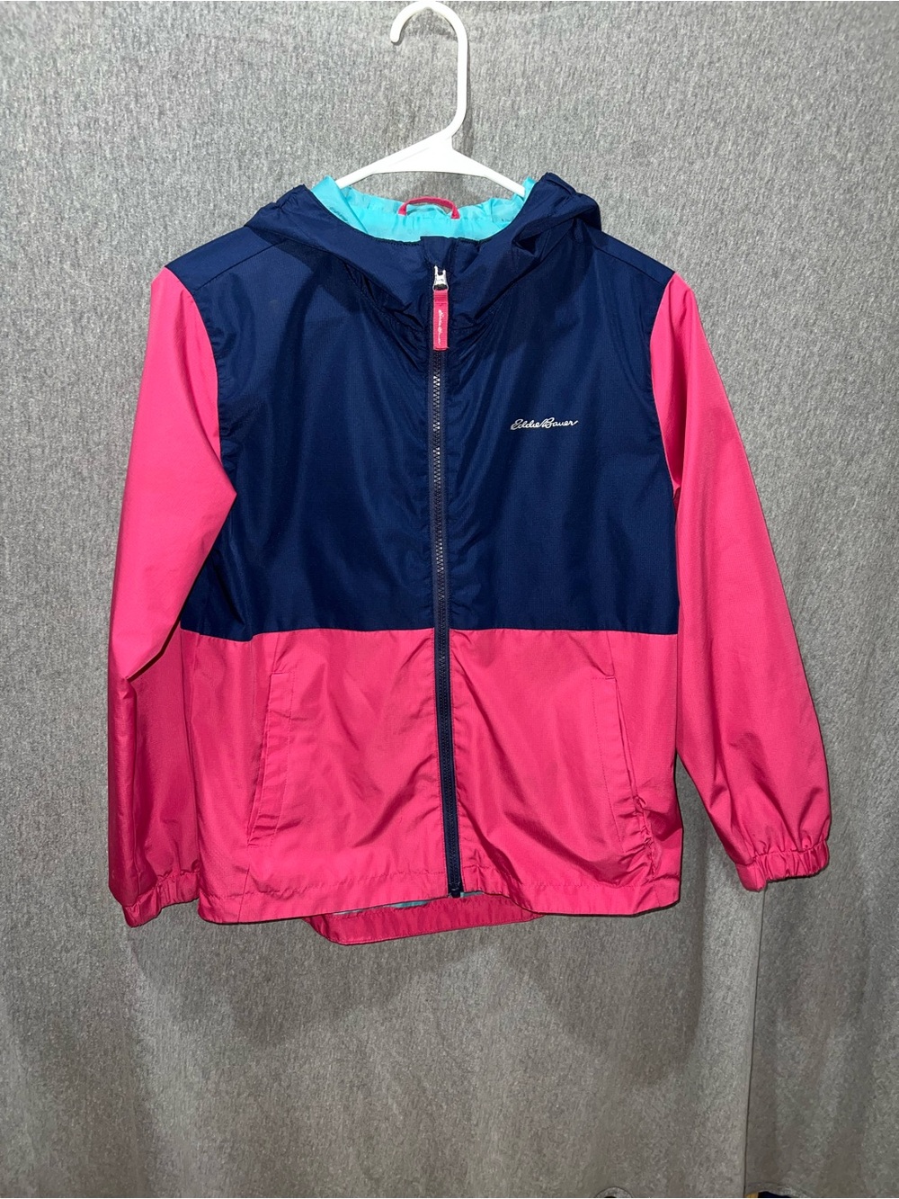 Eddie‎ Bauer Navy and Hot Pink Colorblock Hooded Jacket Kids Size M